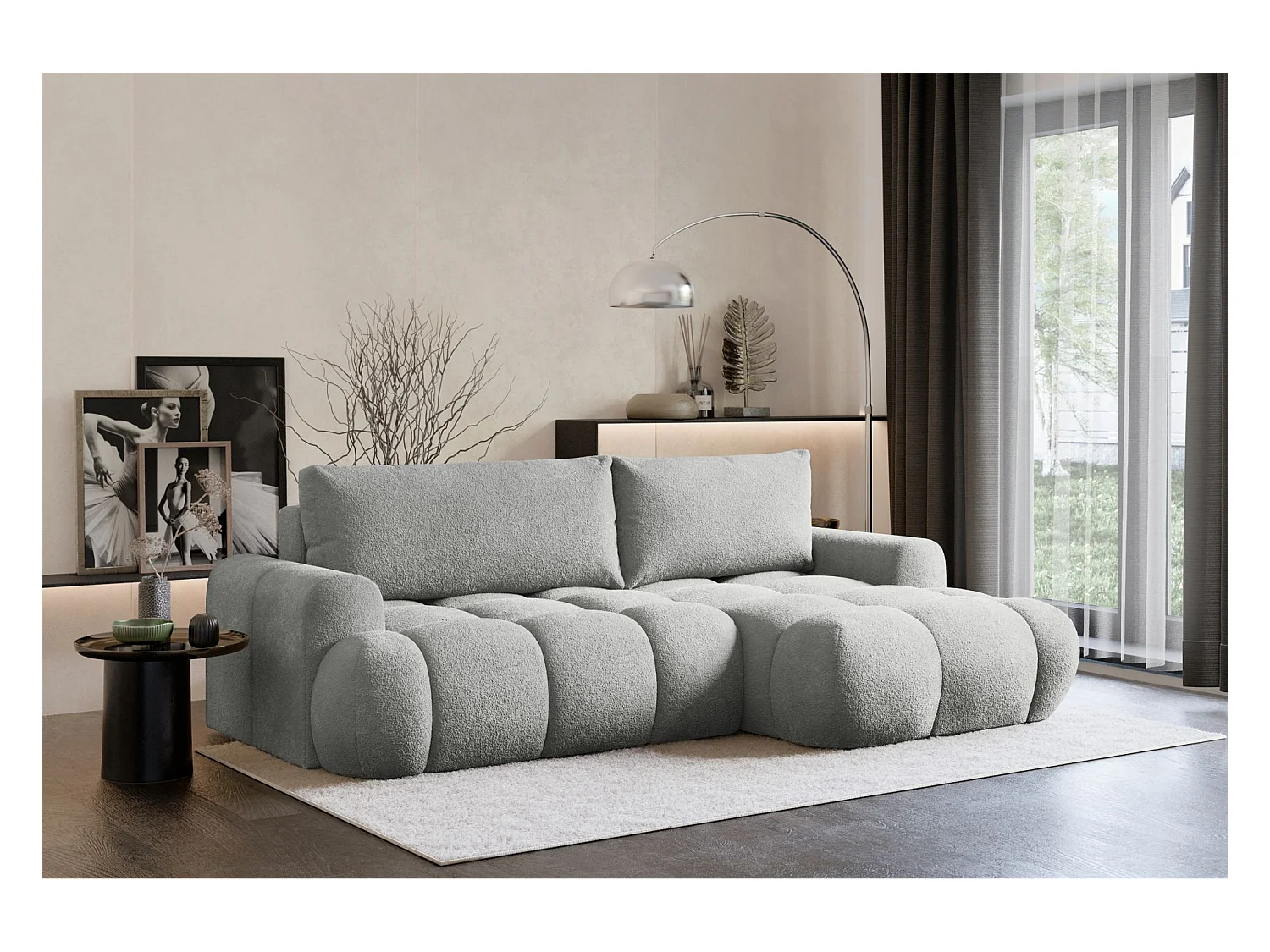 Canapé d'angle convertible - bouclé gris clair- côté droit - OMBO MINI