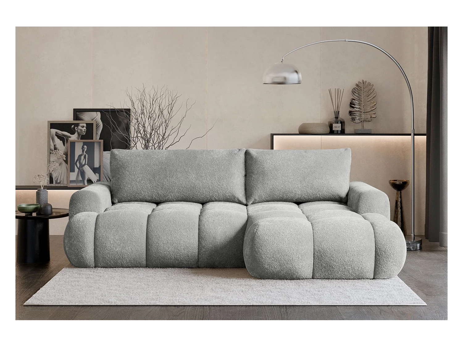 Canapé d'angle convertible - bouclé gris clair- côté droit - OMBO MINI