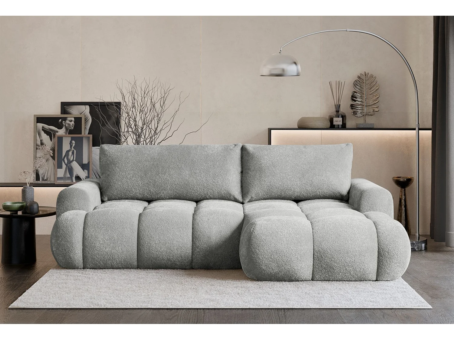 Canapé d'angle convertible - en peluche gris clair- côté droit - OMBO MINI