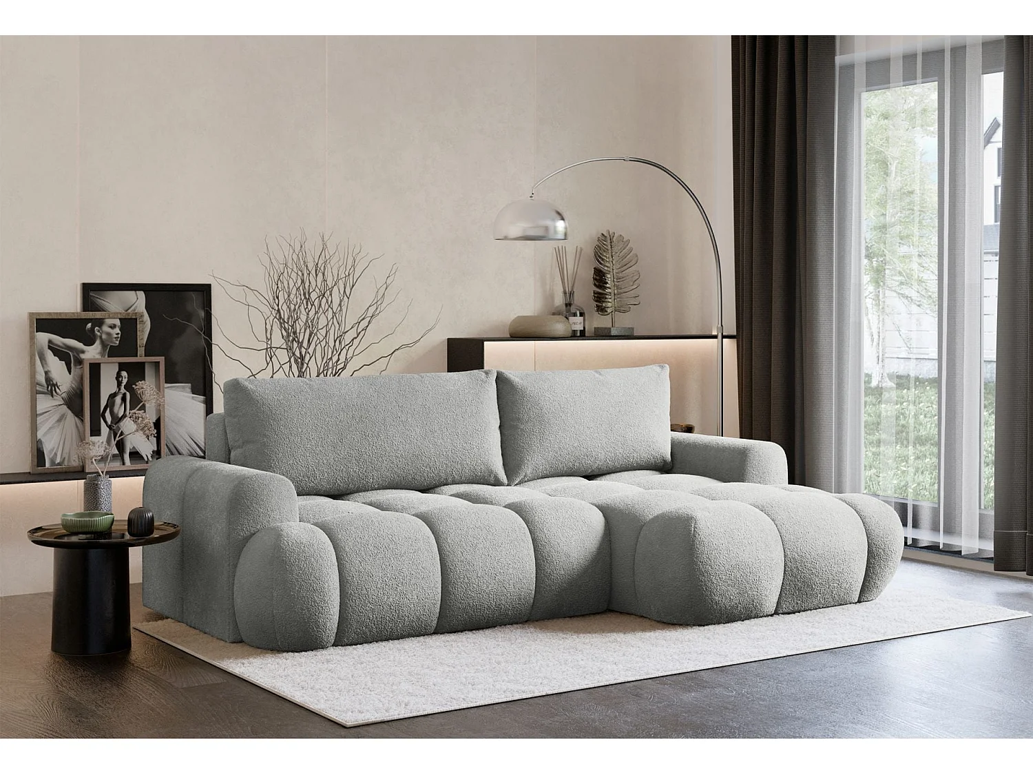 Ecksofa mit Schlaffunktion - Plüsch-Bezug - Hellgrau - rechts - OMBO MINI