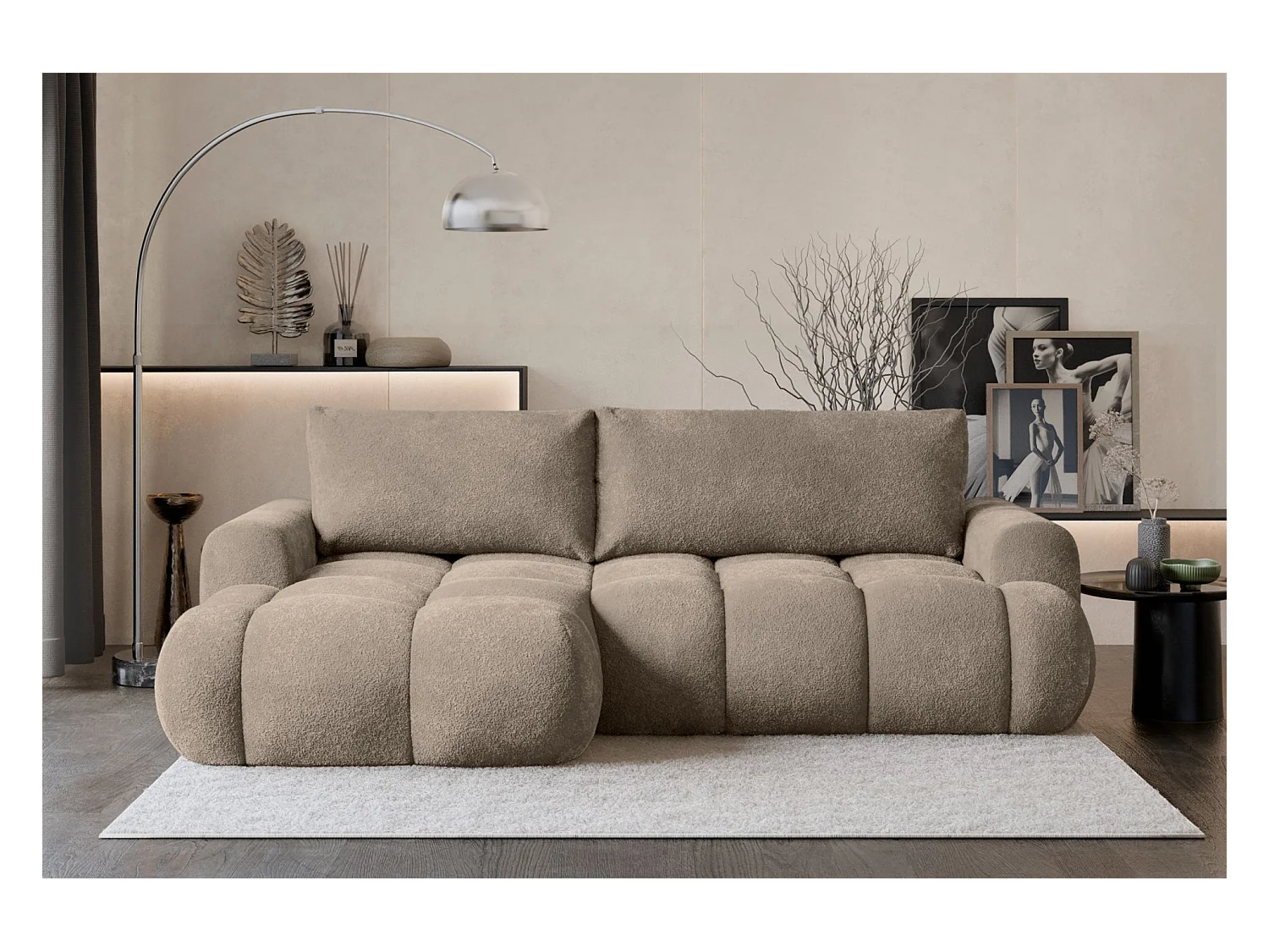 Canapé d'angle convertible - bouclé beige foncé- côté gauche - OMBO MINI