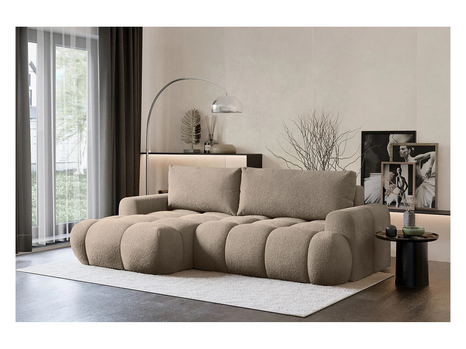 Canapé d'angle convertible - bouclé beige foncé- côté gauche - OMBO MINI