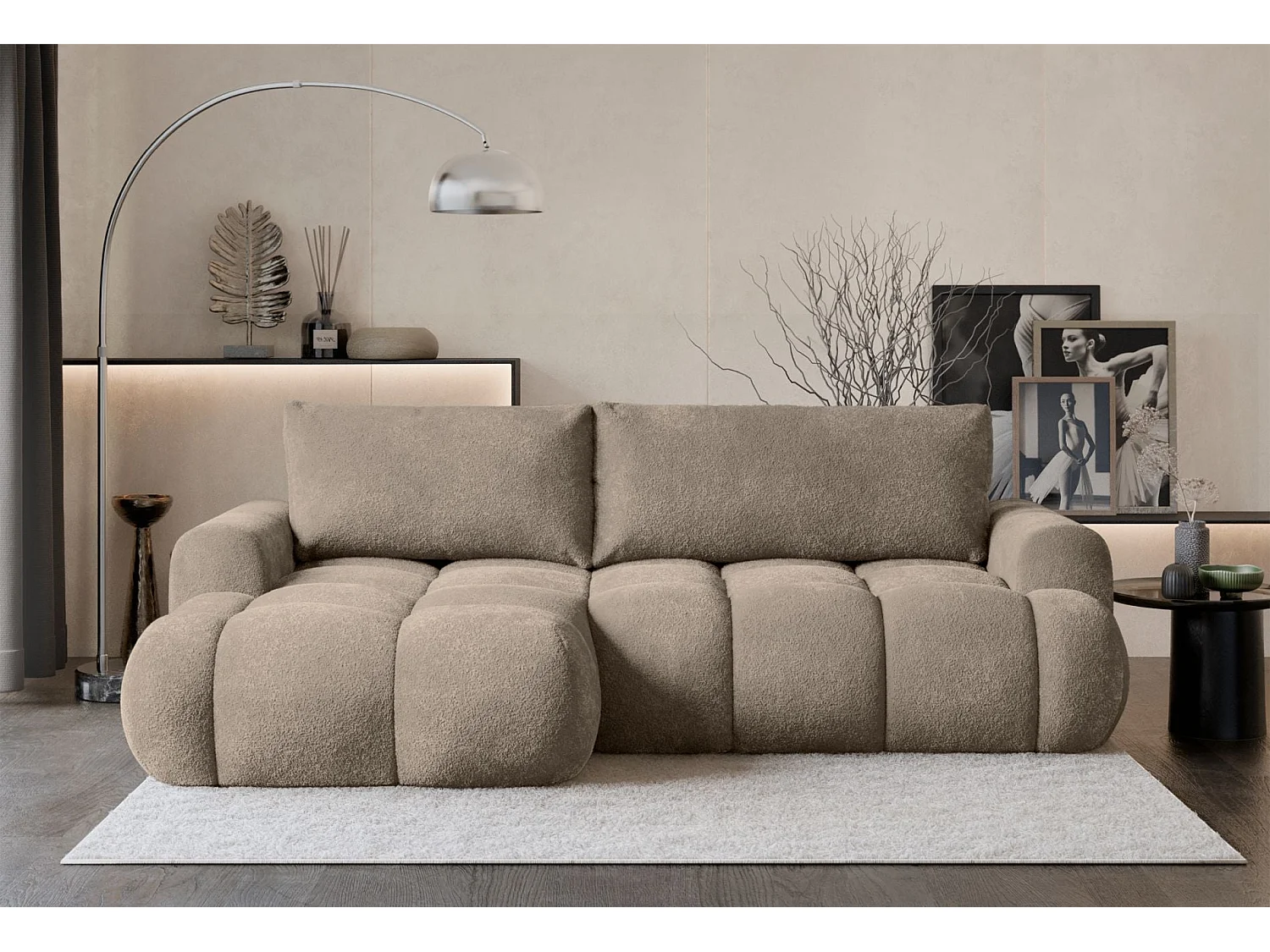 Canapé d'angle convertible - en peluche beige foncé- côté gauche - OMBO MINI