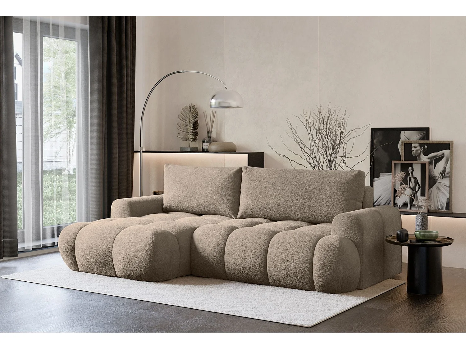 Canapé d'angle convertible - en peluche beige foncé- côté gauche - OMBO MINI