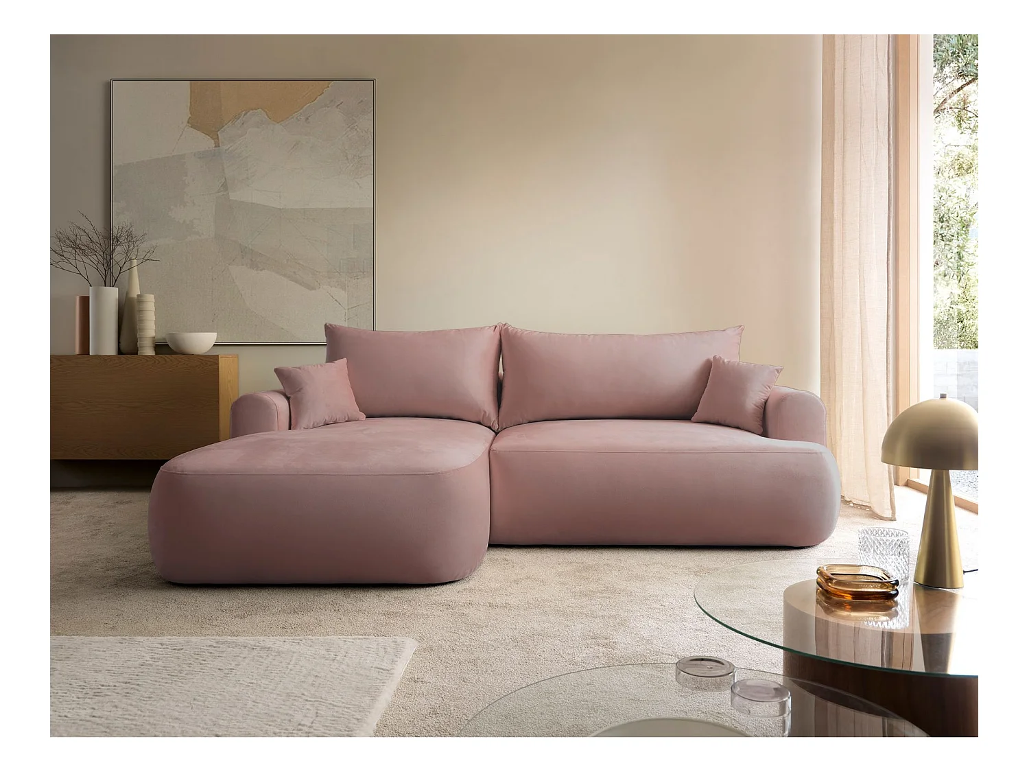 Canapé d'angle convertible -velours rose clair- côté gauche - OVO L