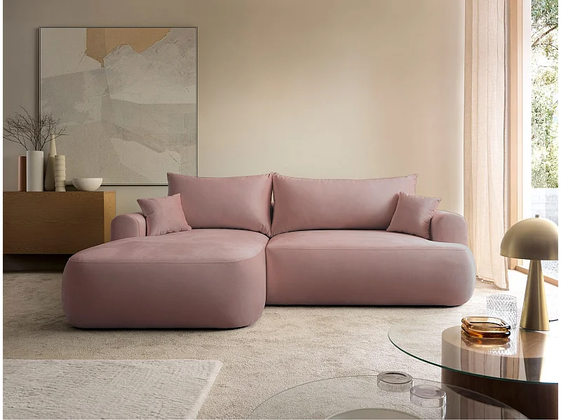 Canapé d'angle convertible -velours rose clair- côté gauche - OVO L