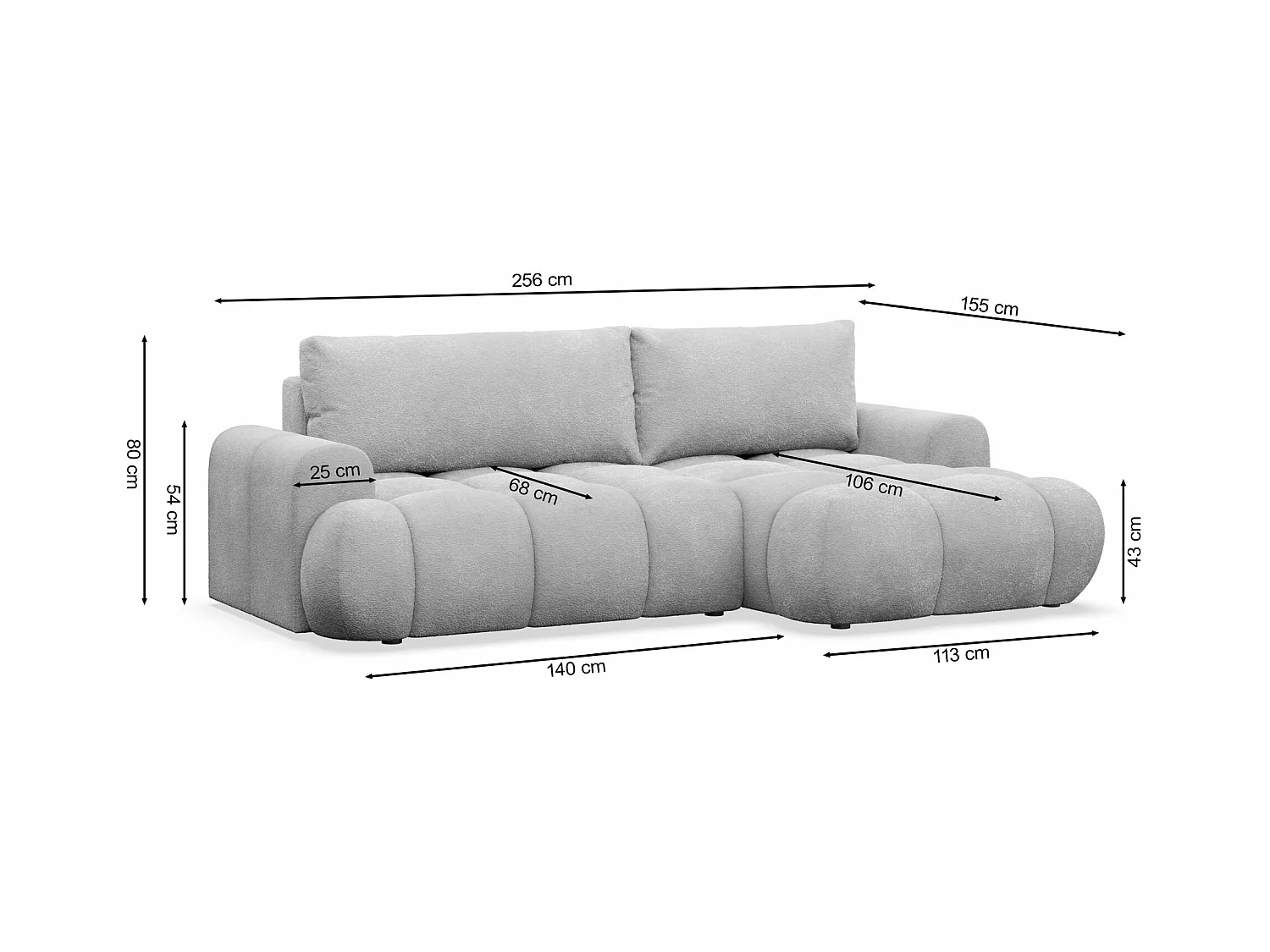 Canapé d'angle convertible - bouclé gris clair- côté gauche - OMBO MINI