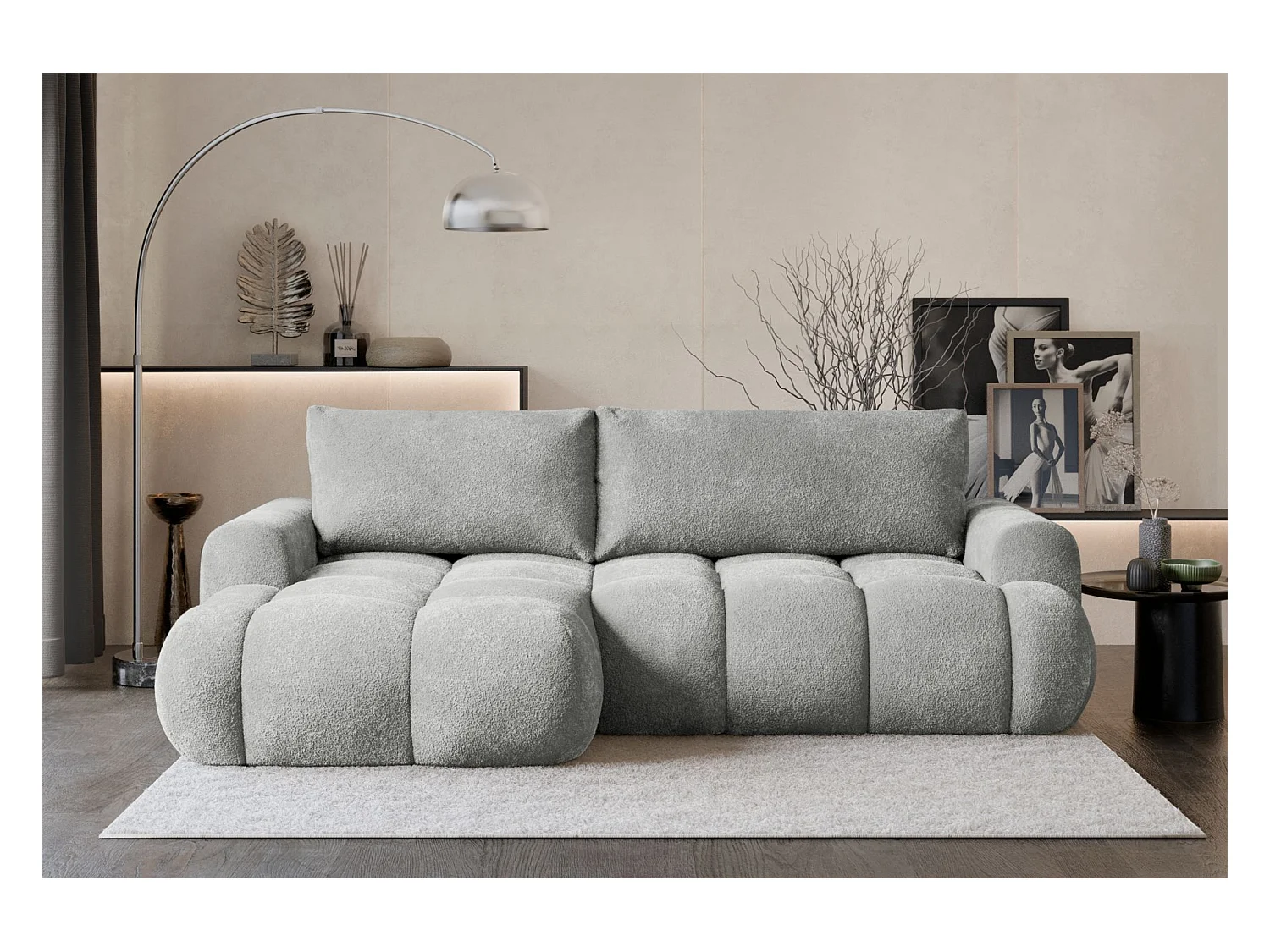 Canapé d'angle convertible - bouclé gris clair- côté gauche - OMBO MINI