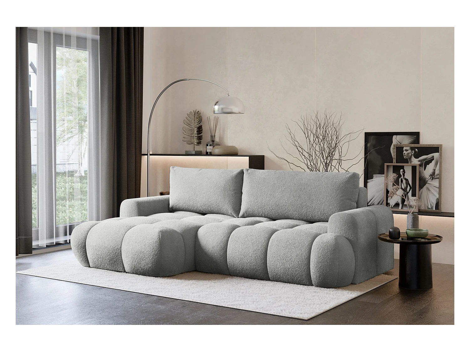 Ecksofa mit Schlaffunktion - Bouclé-Bezug - Hellgrau - links - OMBO MINI
