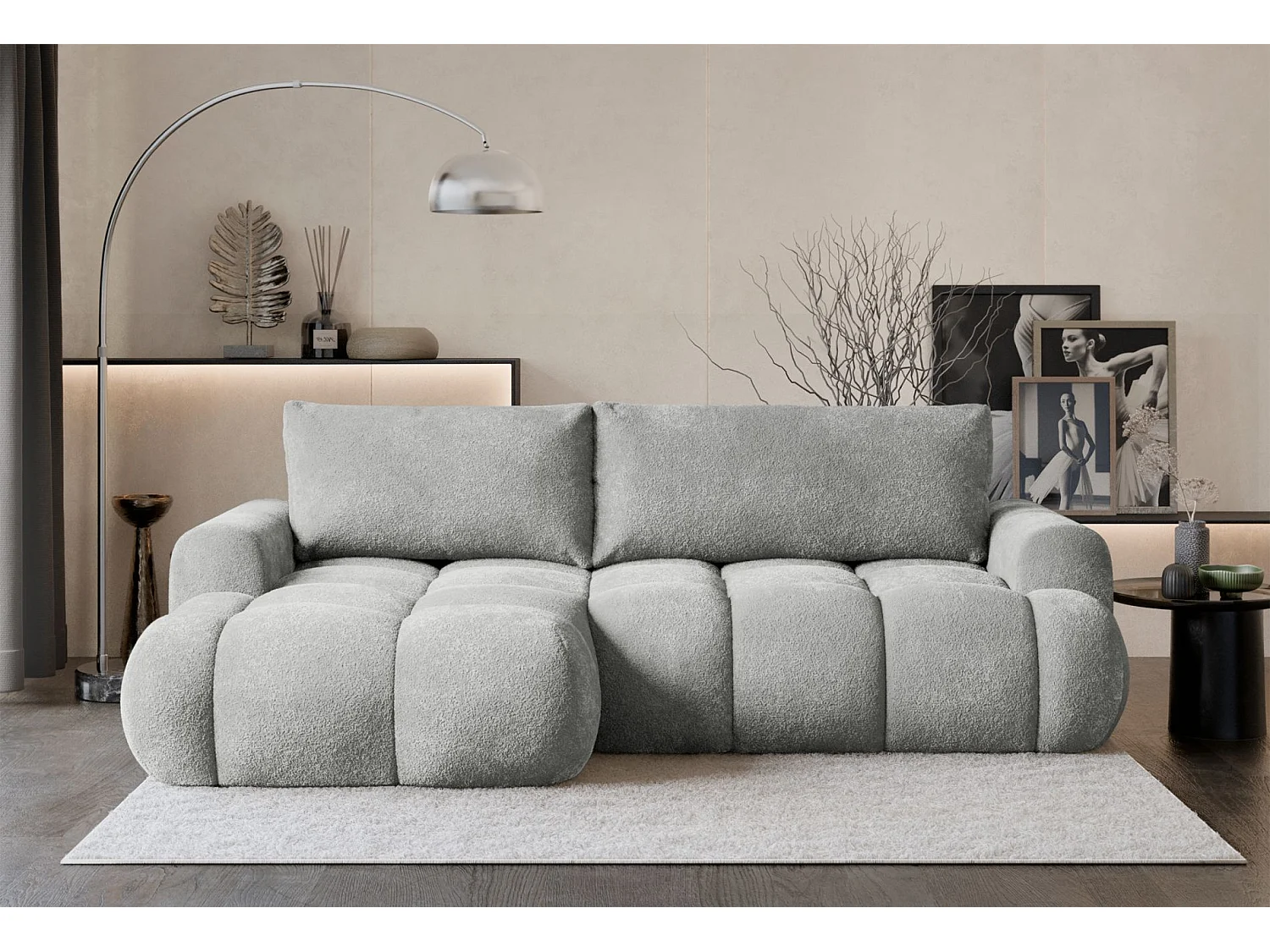 Canapé d'angle convertible - en peluche gris clair- côté gauche - OMBO MINI