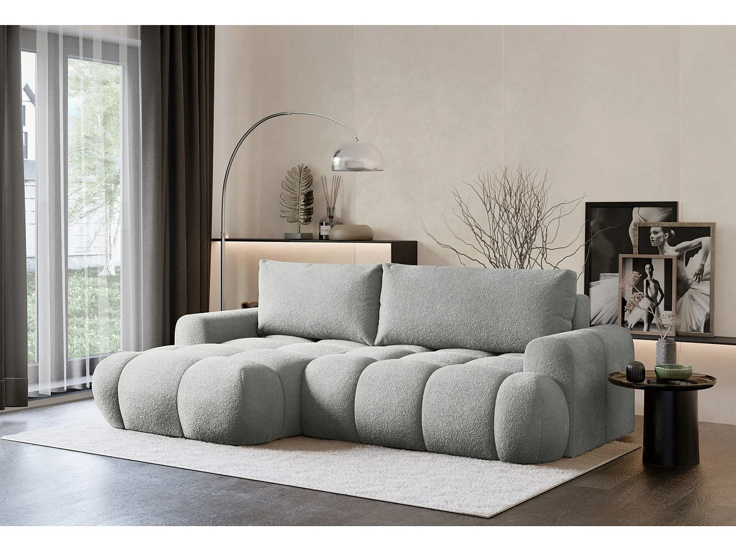 Canapé d'angle convertible - en peluche gris clair- côté gauche - OMBO MINI