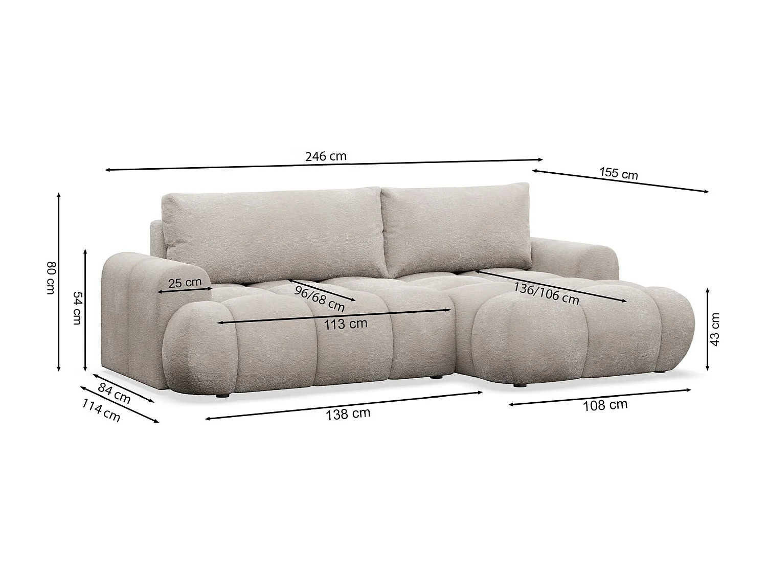 Canapé d'angle convertible - en peluche gris clair- côté gauche - OMBO MINI