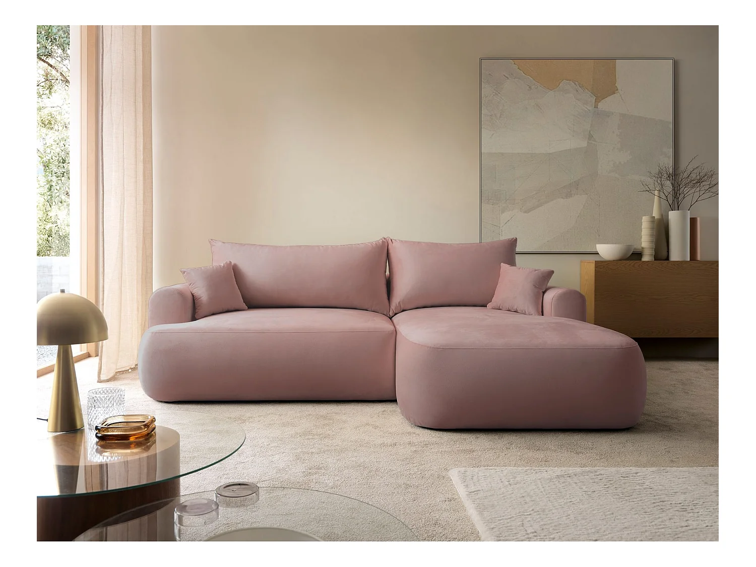 Canapé d'angle convertible -velours rose clair- côté droit - OVO L