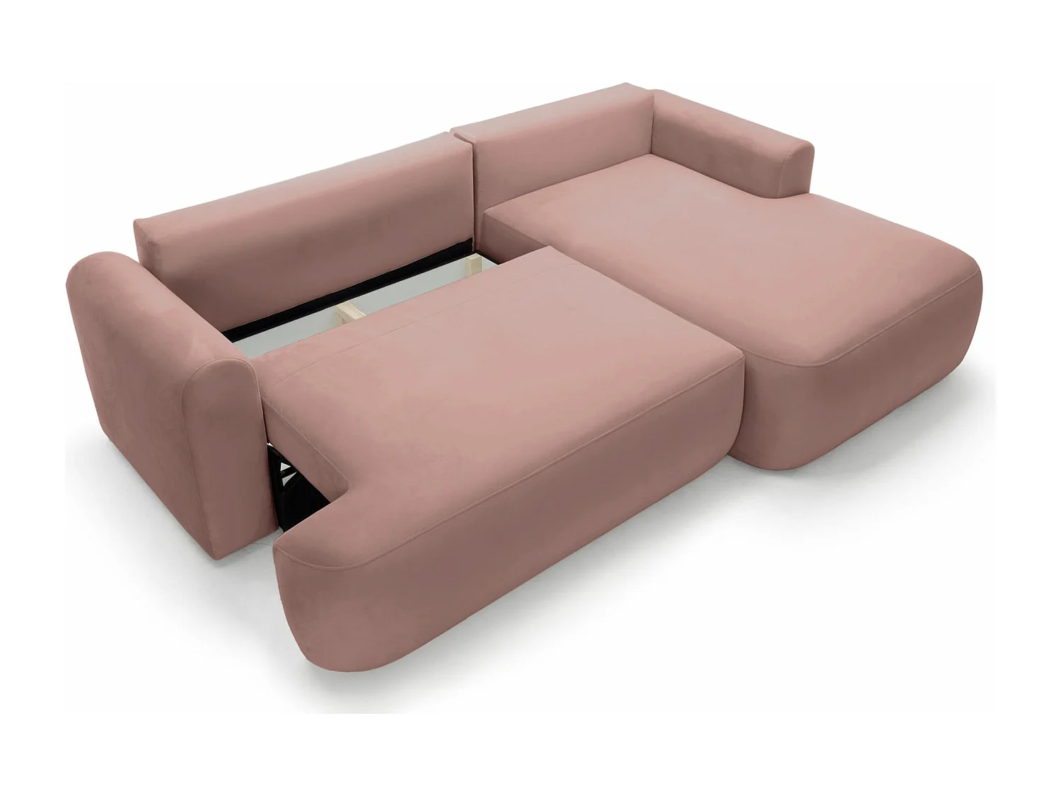 Hoekbank met slaapbank - lichtroze fluweel - rechterkant - OVO L