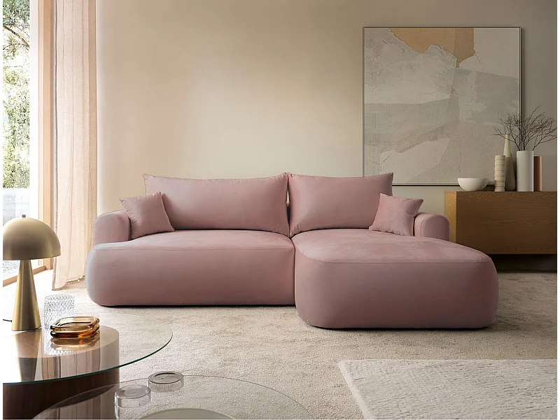 Canapé d'angle convertible -velours rose clair- côté droit - OVO L