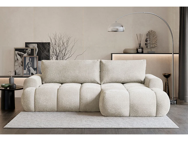 Canapé d'angle convertible - bouclé crème- côté droit - OMBO MINI
