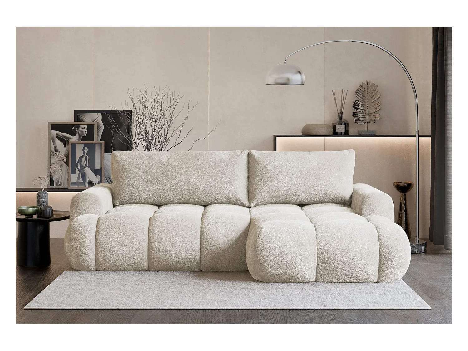 Canapé d'angle convertible - bouclé crème- côté droit - OMBO MINI