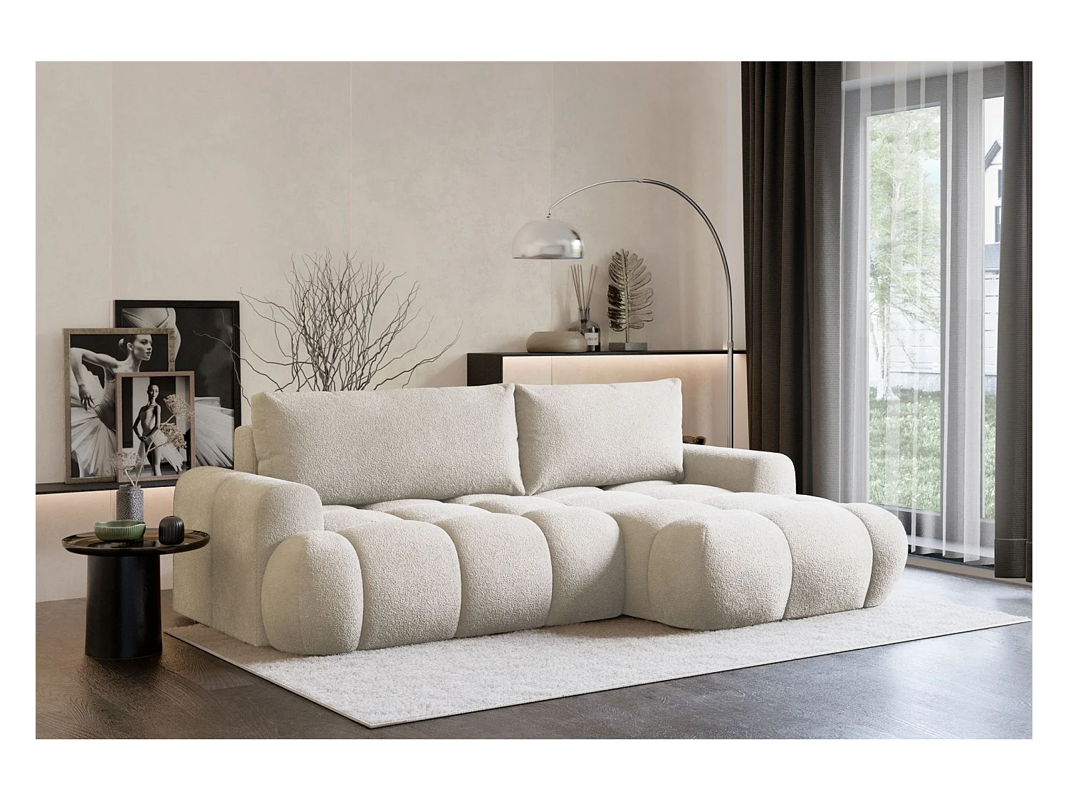 Canapé d'angle convertible - bouclé crème- côté droit - OMBO MINI