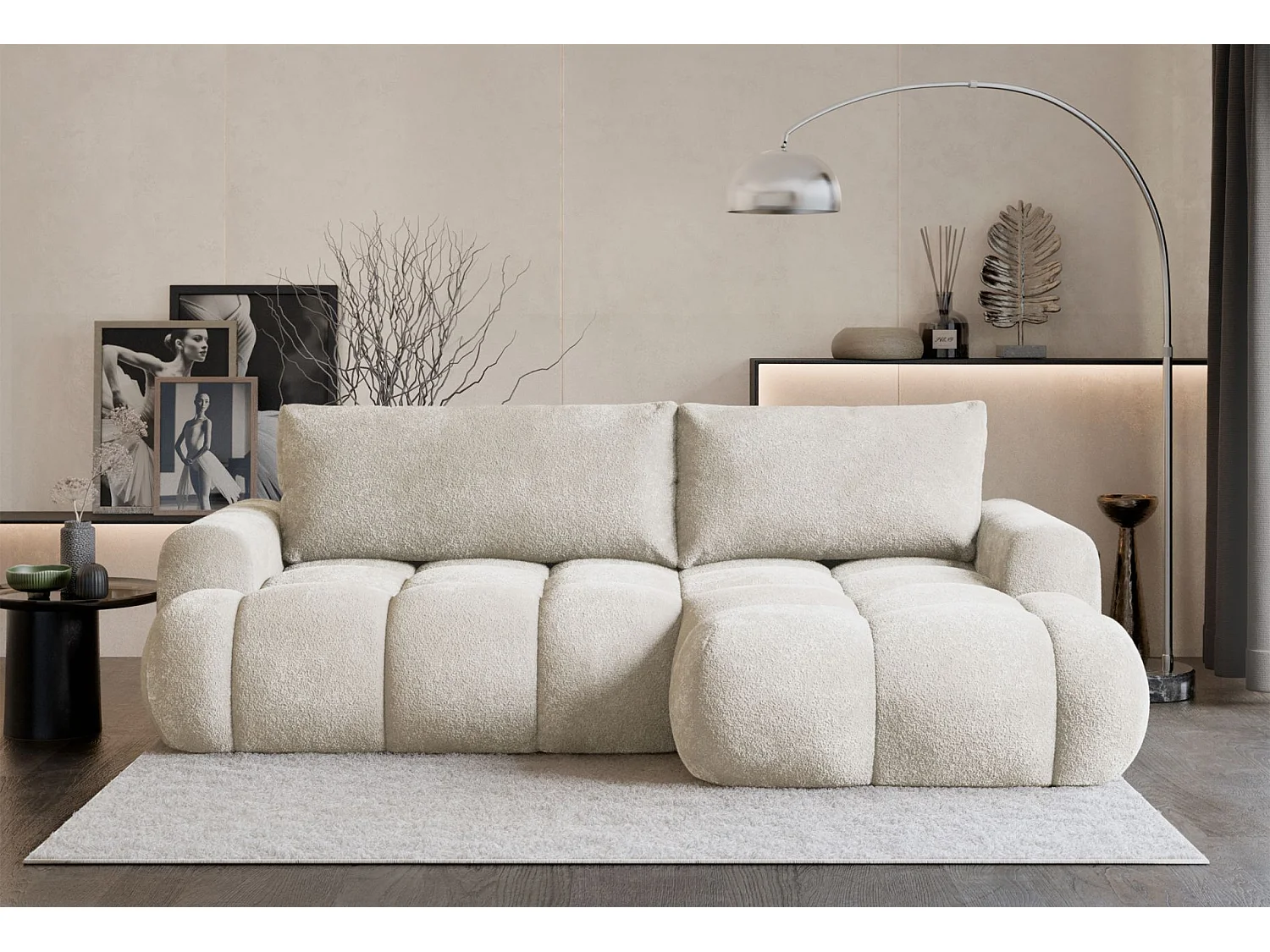 Canapé d'angle convertible - bouclé crème- côté droit - OMBO MINI