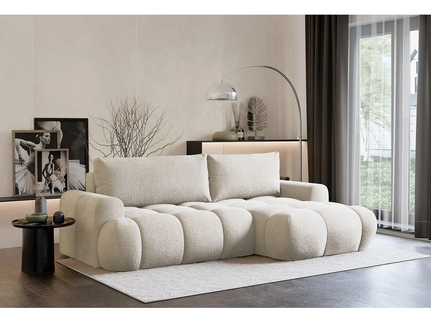 Canapé d'angle convertible 3 places en tissu bouclette crème