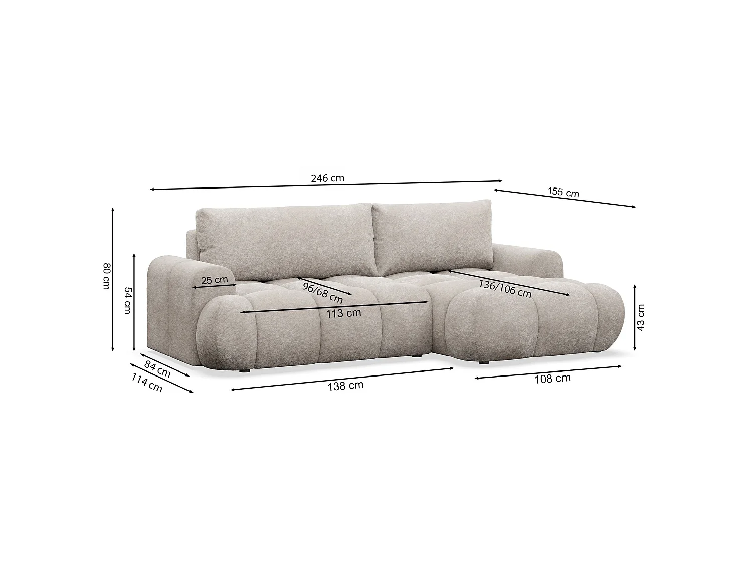 Canapé d'angle convertible 3 places en tissu bouclette crème
