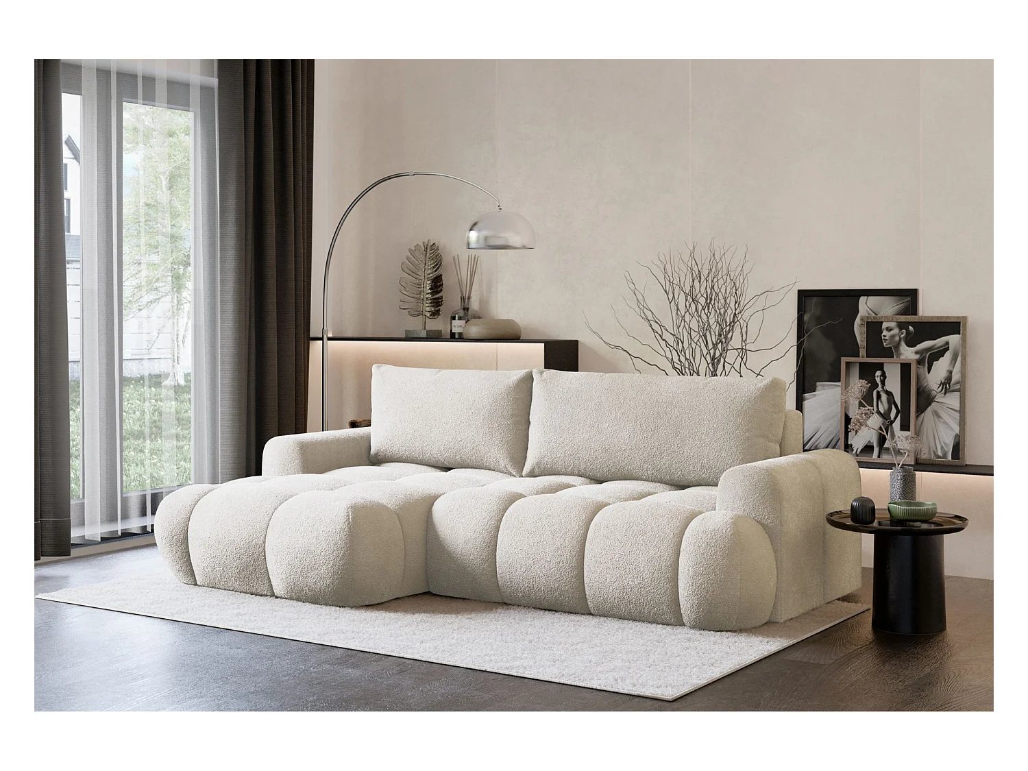 Canapé d'angle convertible - bouclé crème- côté gauche - OMBO MINI