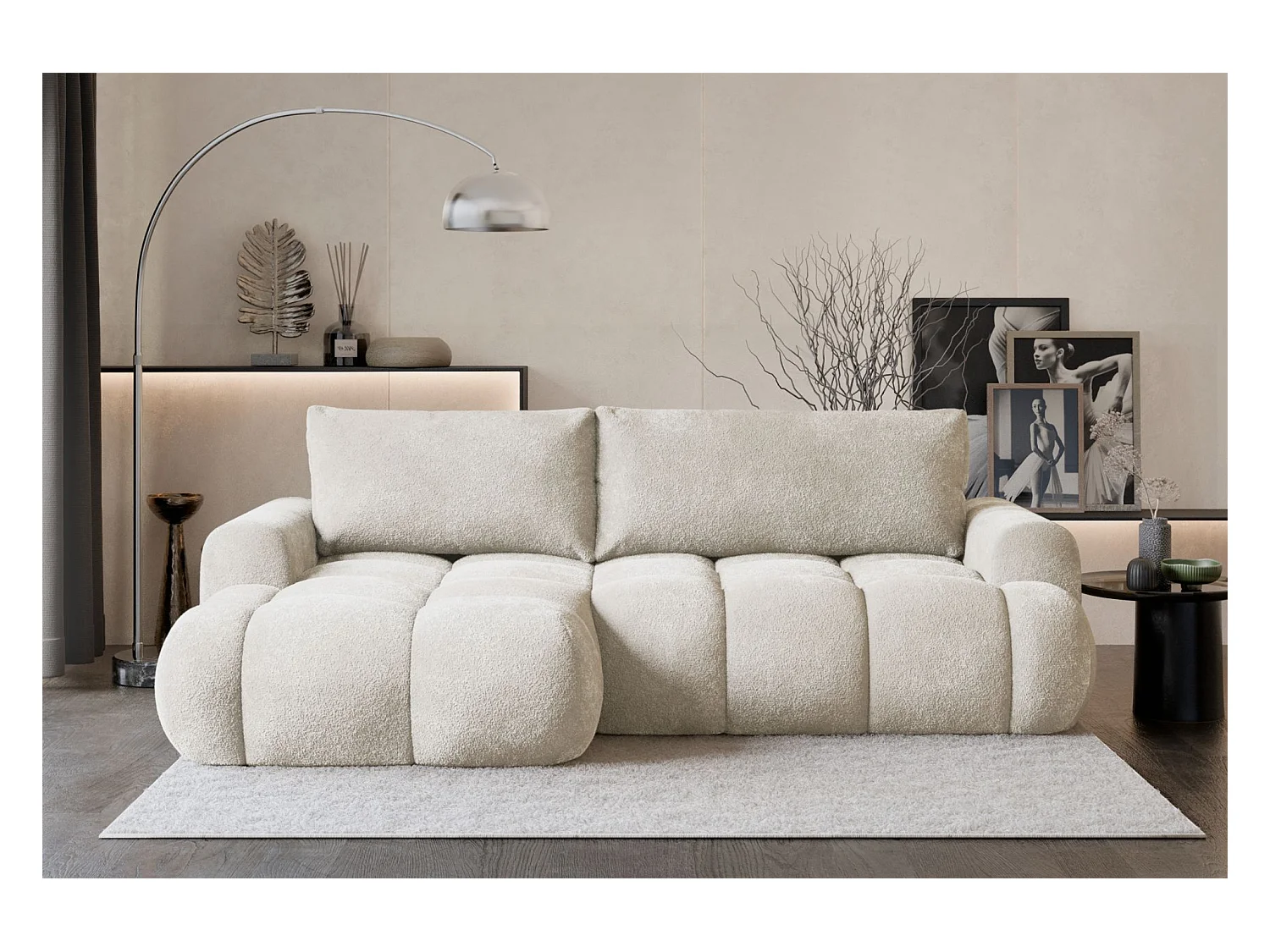 Canapé d'angle convertible - bouclé crème- côté gauche - OMBO MINI