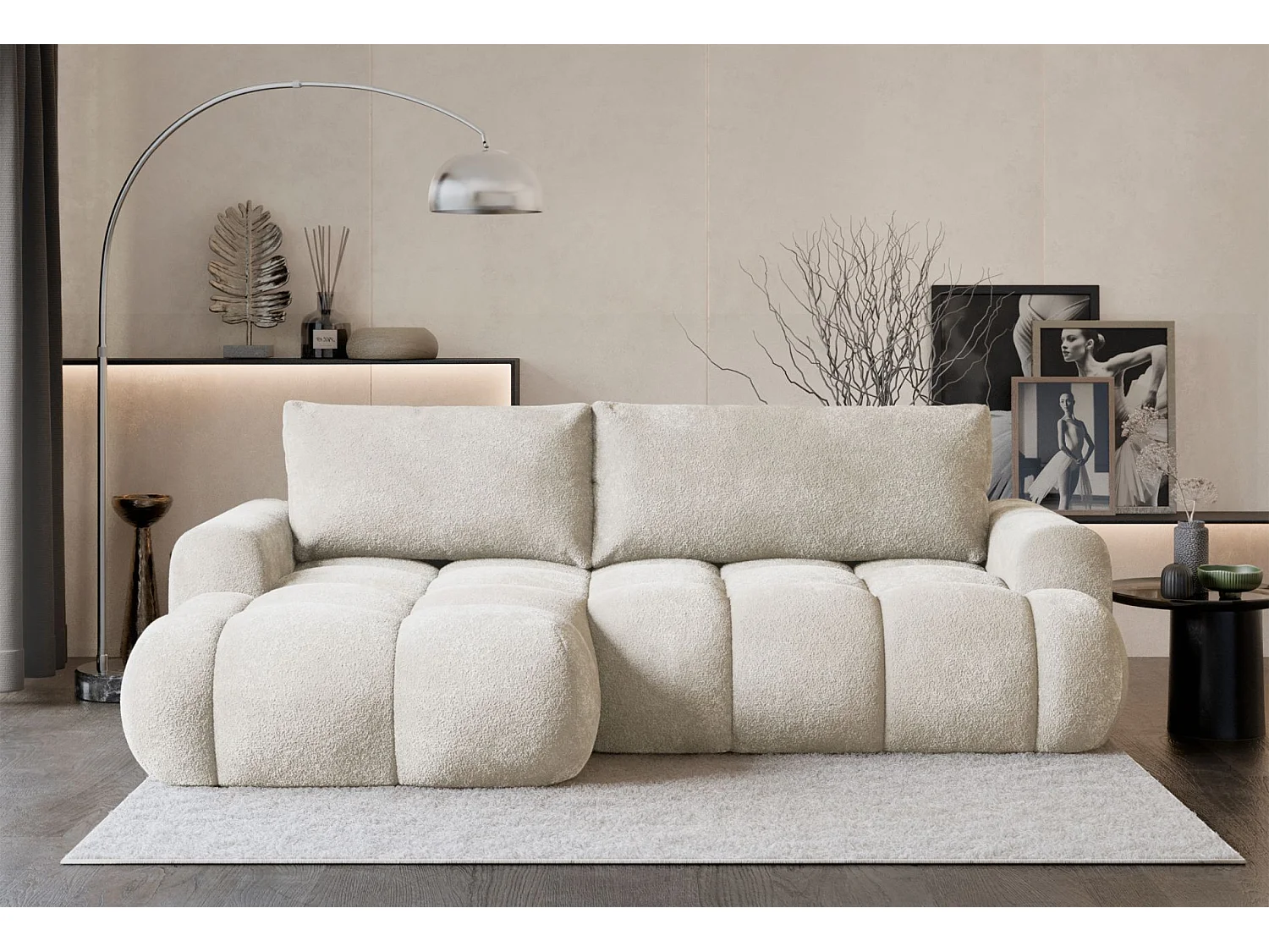 Canapé d'angle convertible - en peluche crème- côté gauche - OMBO MINI