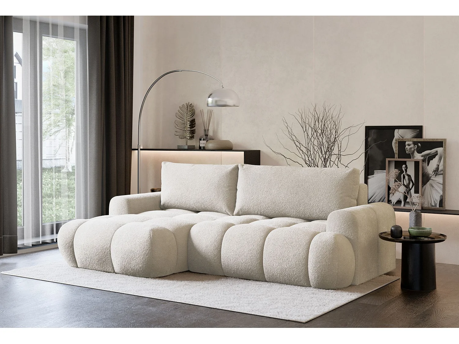 Canapé d'angle convertible - en peluche crème- côté gauche - OMBO MINI