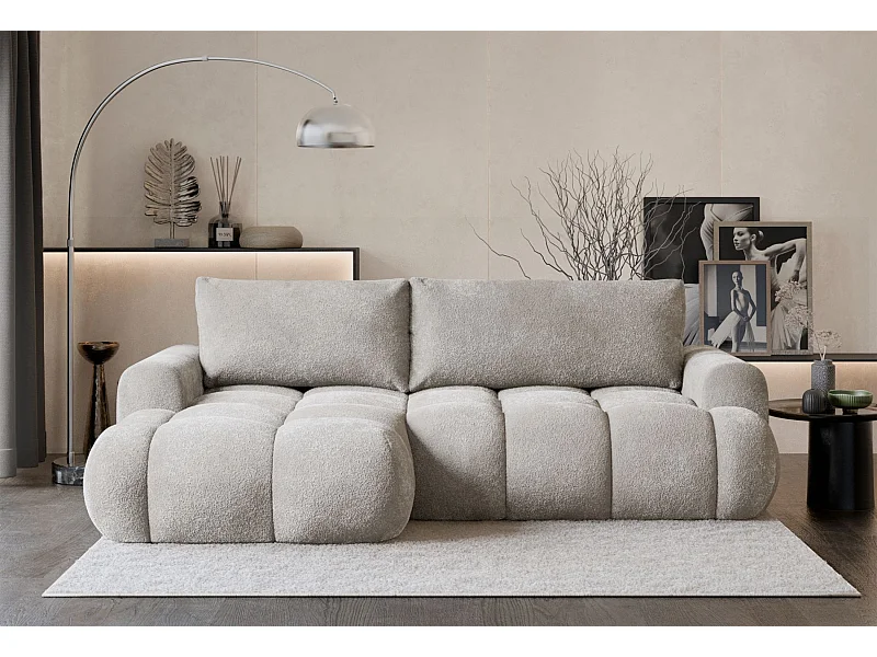 Canapé d'angle convertible - bouclé grège - côté gauche - OMBO MINI