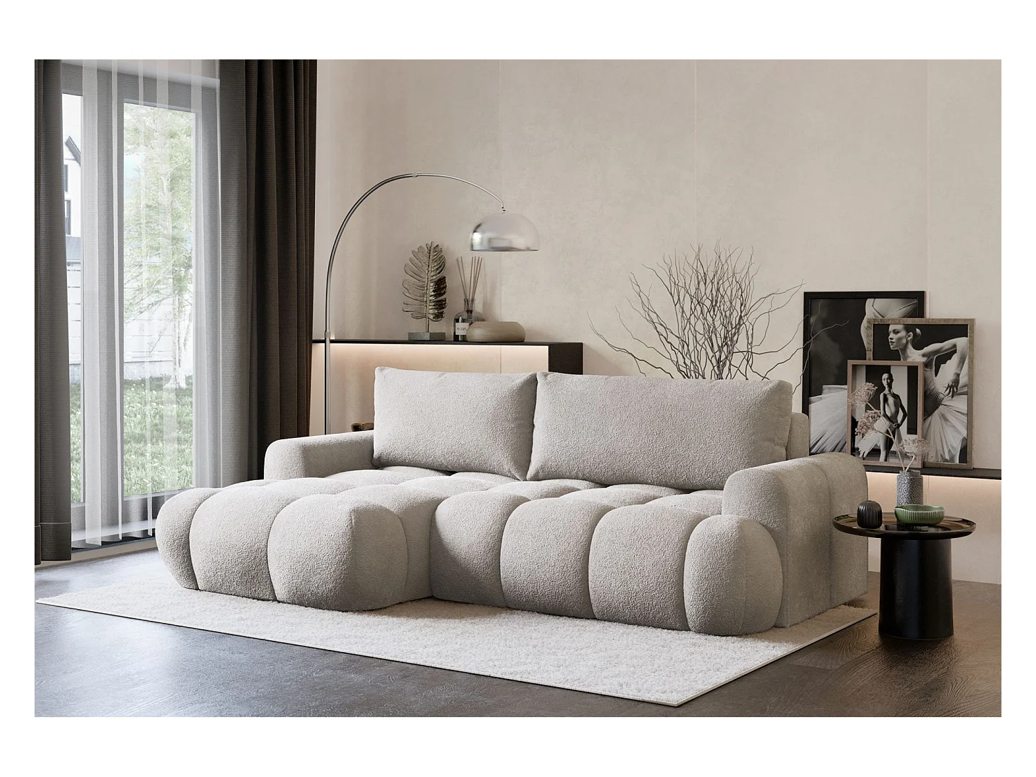 Ecksofa mit Schlaffunktion - Bouclé-Bezug - Graubeige - links - OMBO MINI