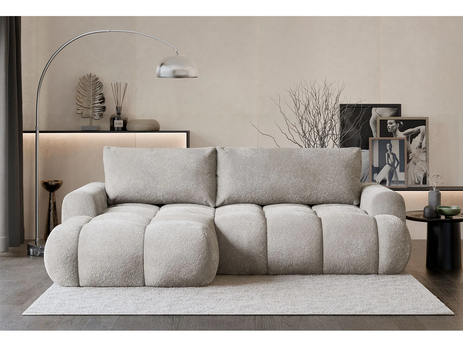 Canapé d'angle convertible - en peluche grège - côté gauche - OMBO MINI