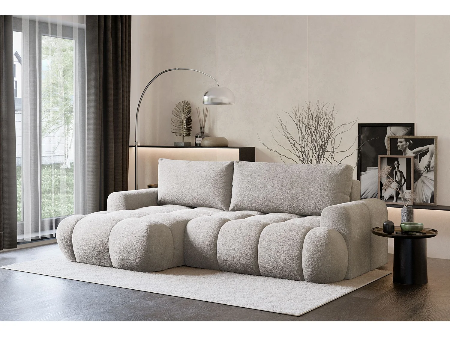 Canapé d'angle convertible - en peluche grège - côté gauche - OMBO MINI