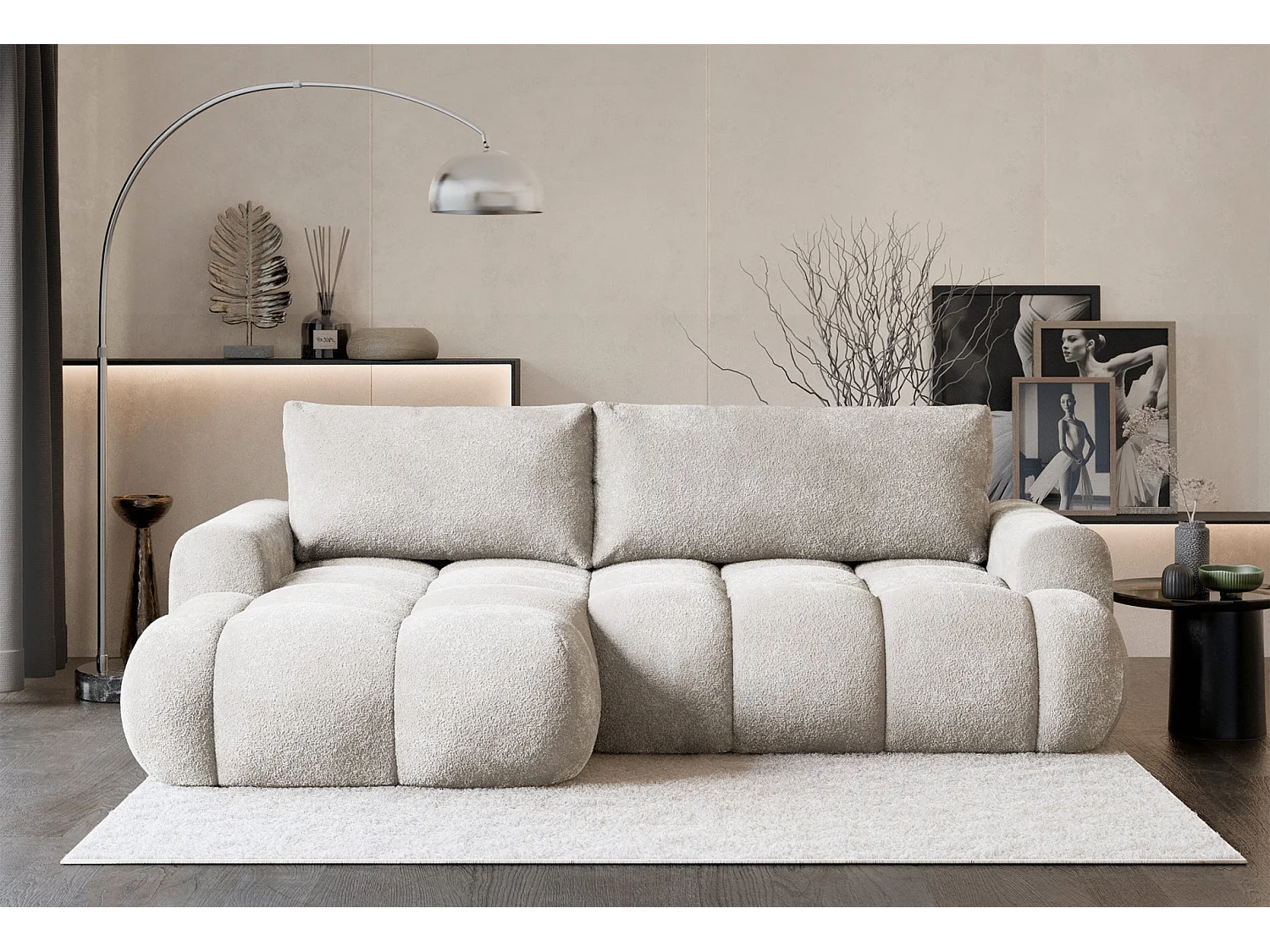 Canapé d'angle convertible - en peluche grège - côté gauche - OMBO MINI