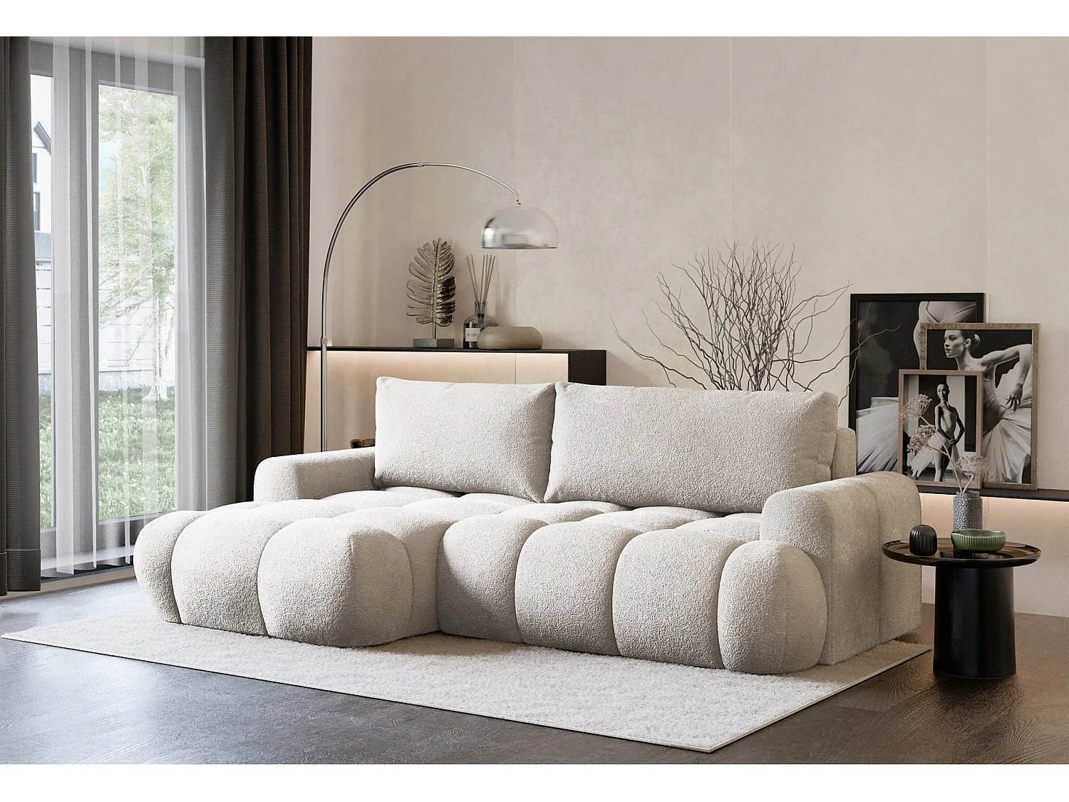 Canapé d'angle convertible - en peluche grège - côté gauche - OMBO MINI