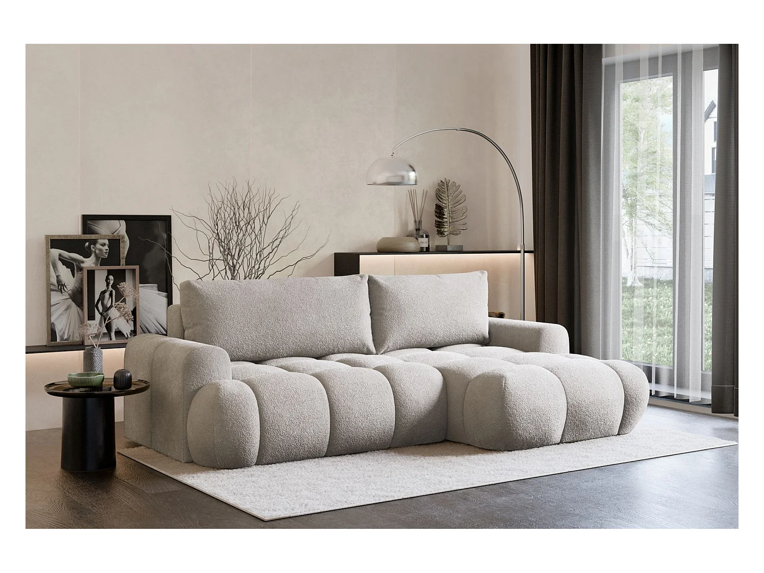 Ecksofa mit Schlaffunktion - Bouclé-Bezug - Graubeige - rechts - OMBO MINI