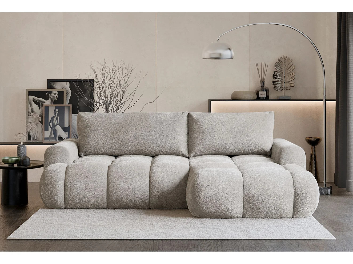 Canapé d'angle convertible - en peluche grège - côté droit - OMBO MINI