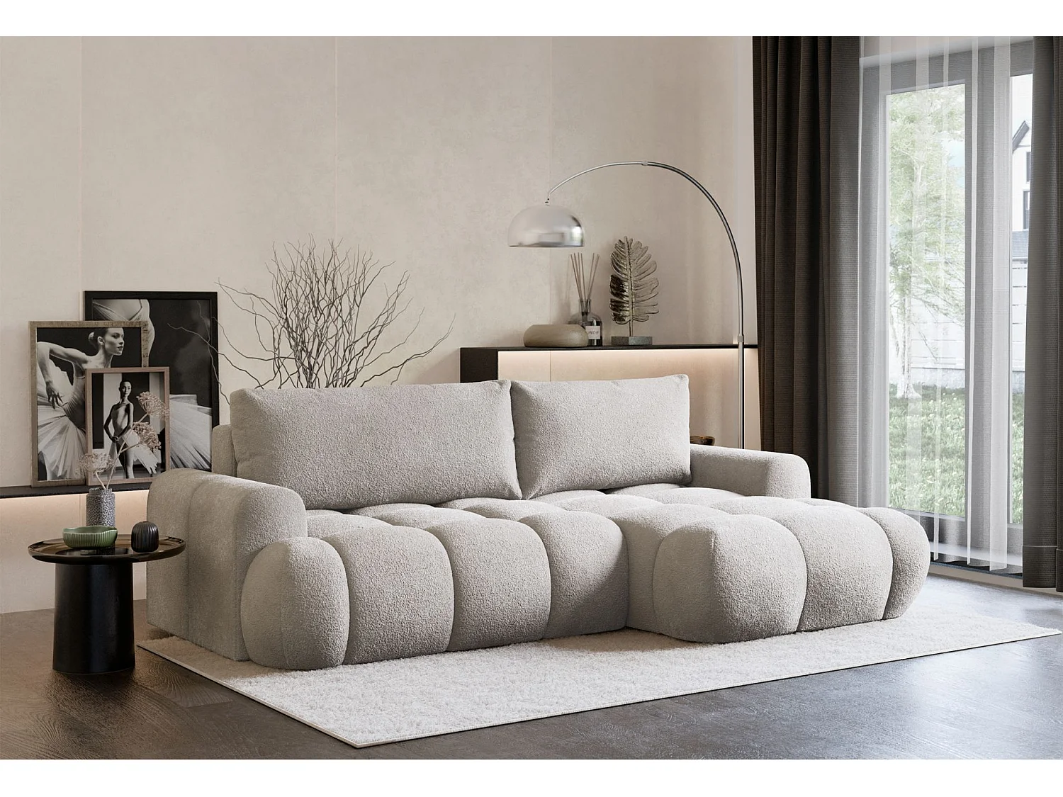 Canapé d'angle convertible - en peluche grège - côté droit - OMBO MINI