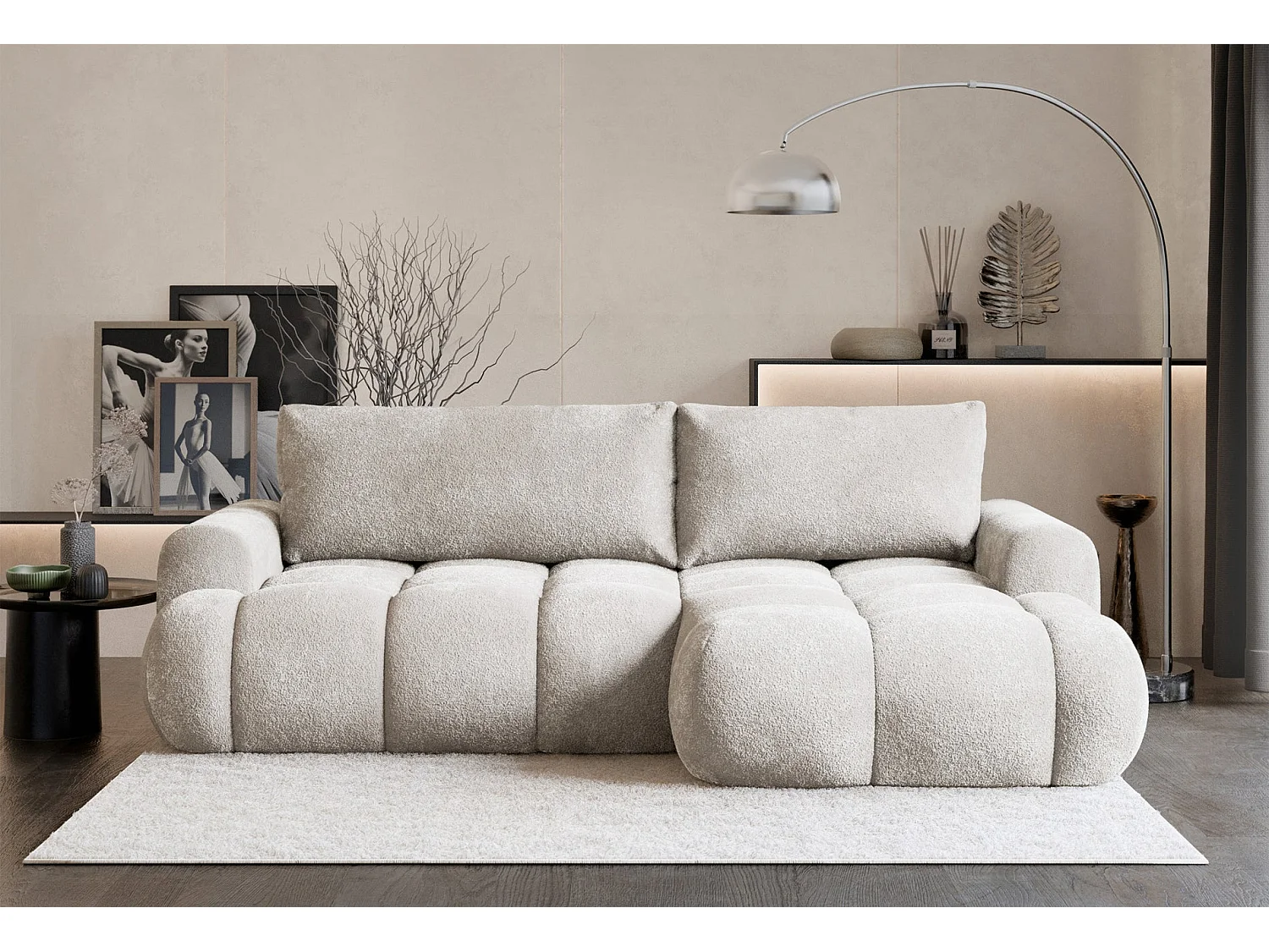 Ecksofa mit Schlaffunktion - Plüsch-Bezug - Graubeige - rechts - OMBO MINI