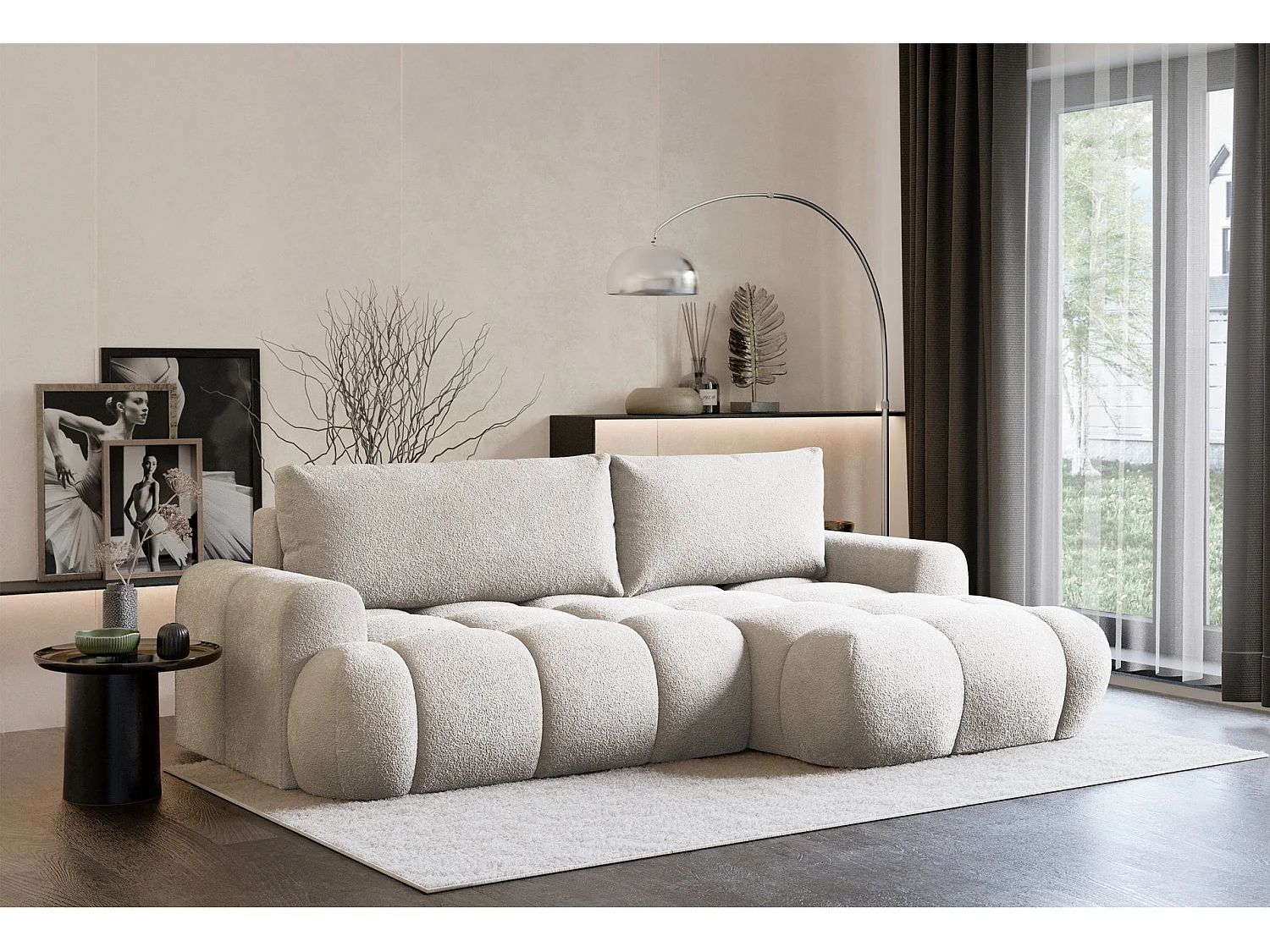 Ecksofa mit Schlaffunktion - Plüsch-Bezug - Graubeige - rechts - OMBO MINI