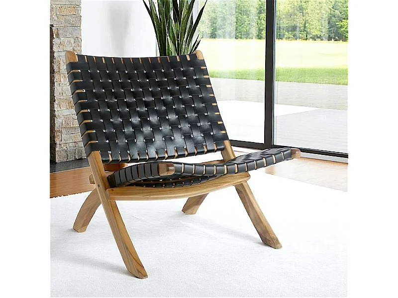 Fauteuil en cuir noir et bois de teck MENDOZA