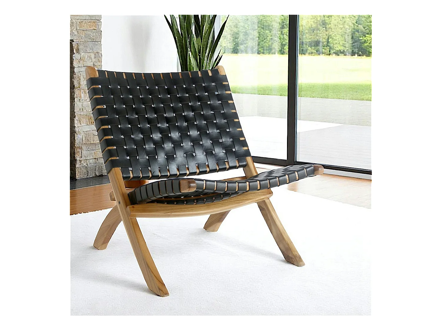 Fauteuil en cuir noir et bois de teck MENDOZA