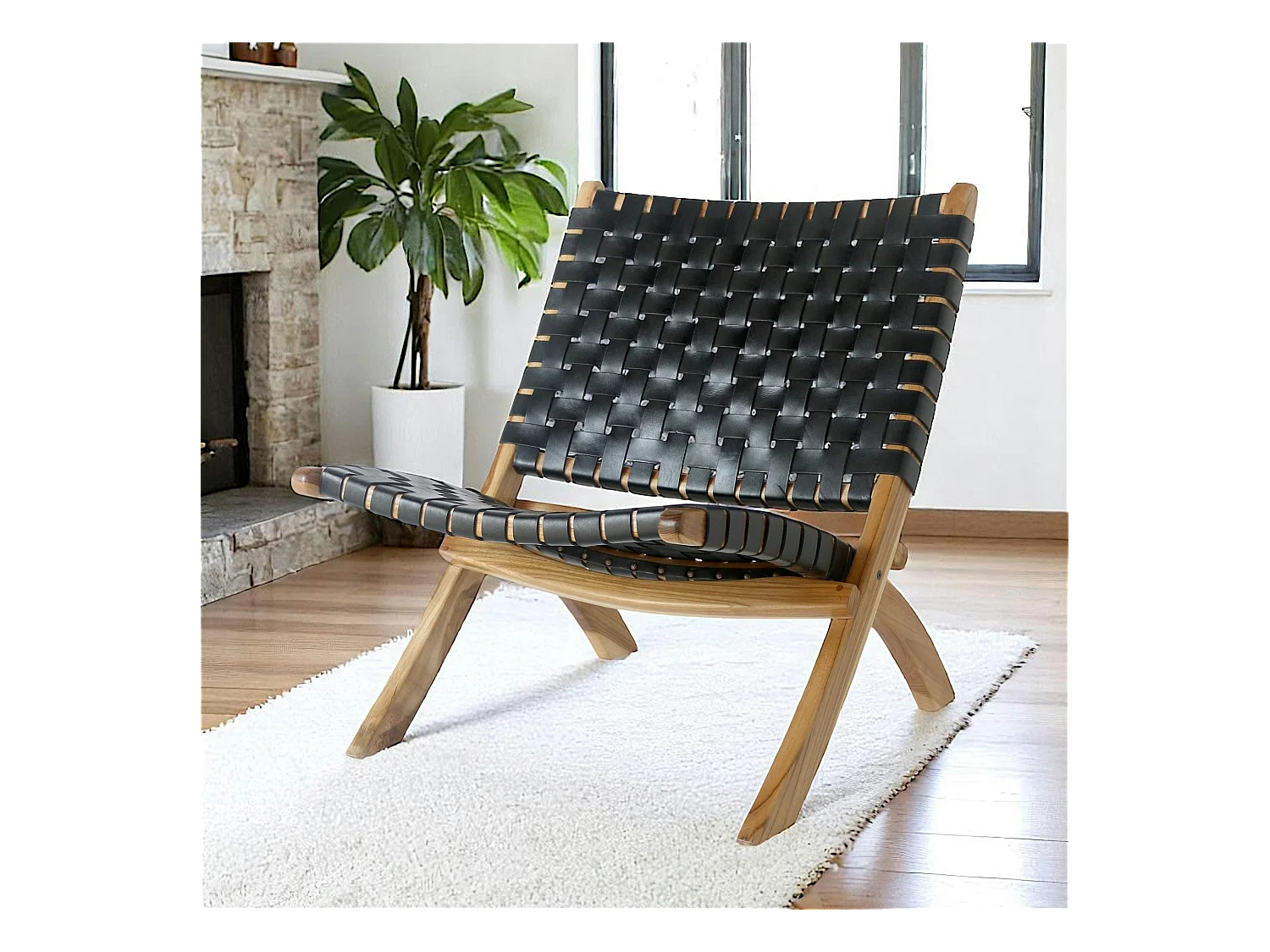 Fauteuil en cuir noir et bois de teck MENDOZA
