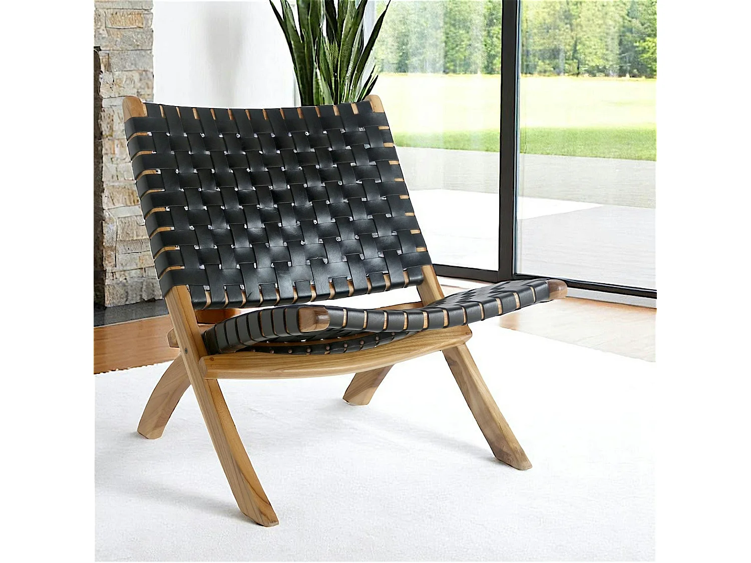 Fauteuil en cuir noir et bois de teck MENDOZA