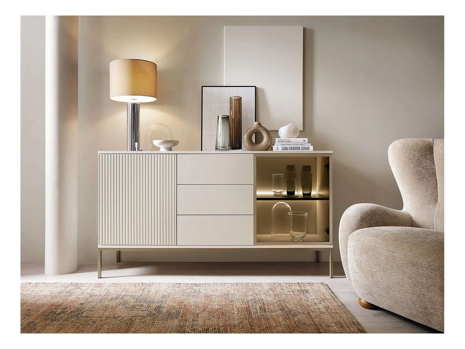 Buffet 3 tiroirs avec LED - 154 cm - grège - TOSENA