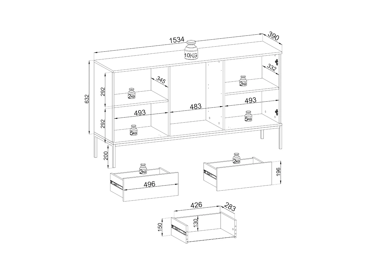 Buffet 3 tiroirs avec LED - 154 cm - grège - TOSENA