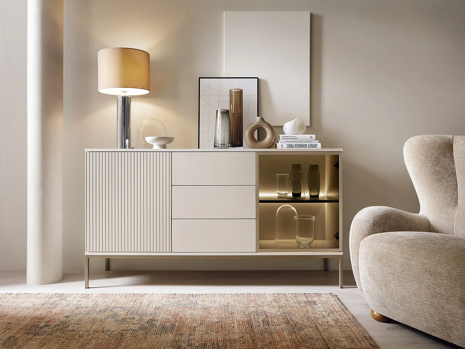 Buffet 3 tiroirs avec LED - 154 cm - grège - TOSENA