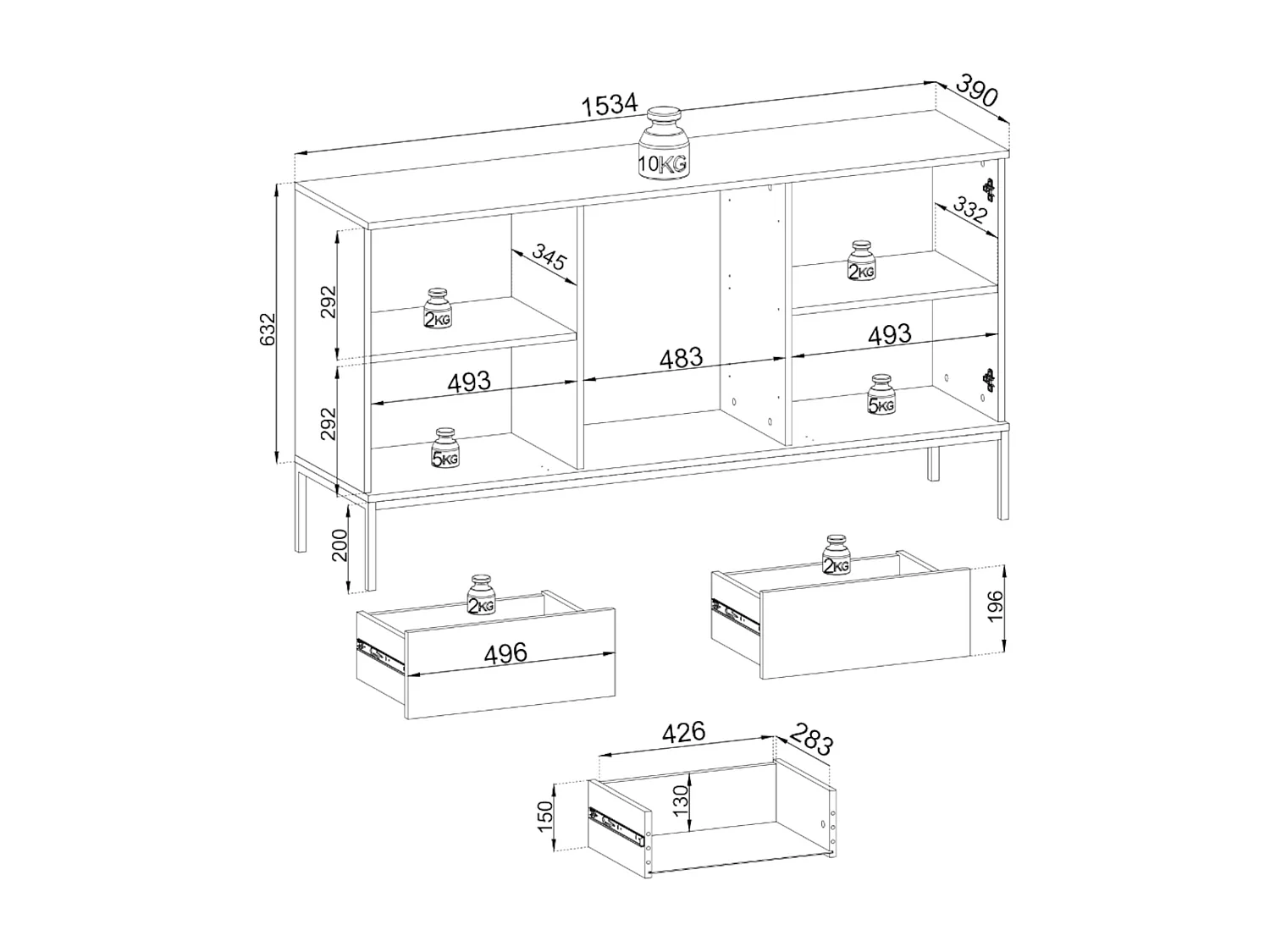 Buffet 3 tiroirs avec LED - 154 cm - grège - TOSENA