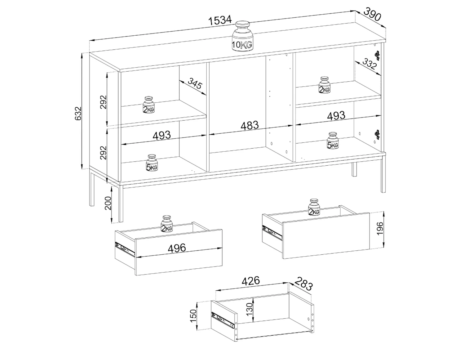 Dressoir met 3 laden en LED - 154 cm - grijs - TOSENA