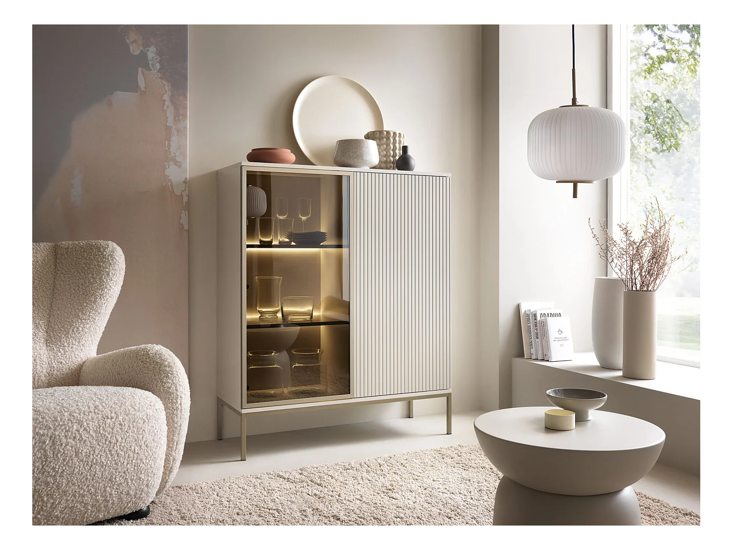 Vitrine 2 portes avec LED - 104cm - grège - TOSENA